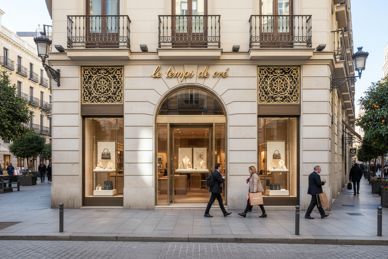 generame la fachada de una boutique que ponga le temps de oré en la milla dorada de madrid